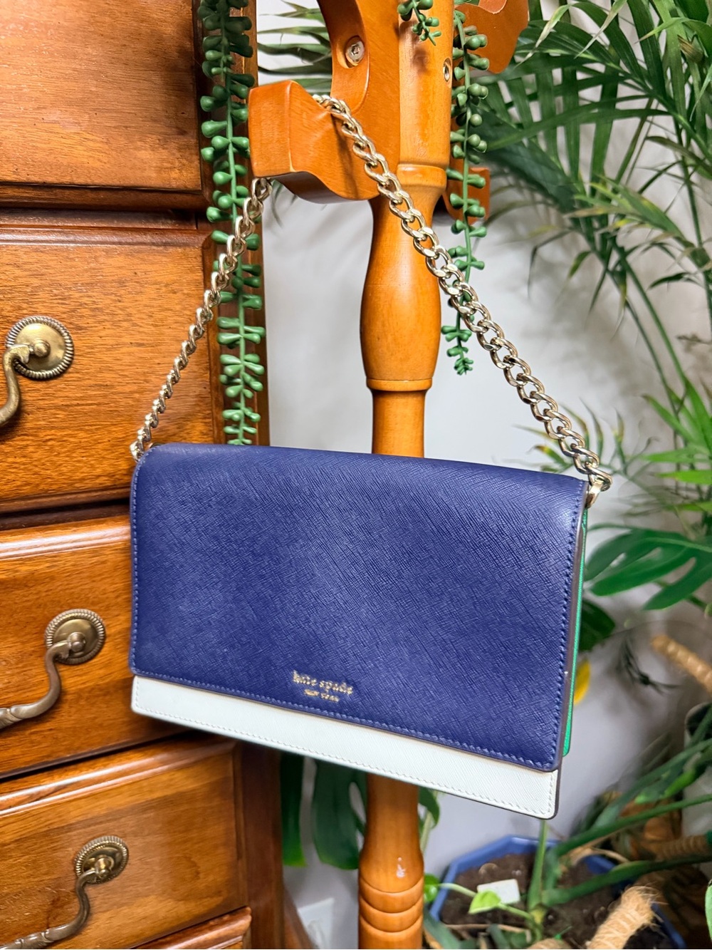 kate spade Cameron Navy, White & Green Chain Purse